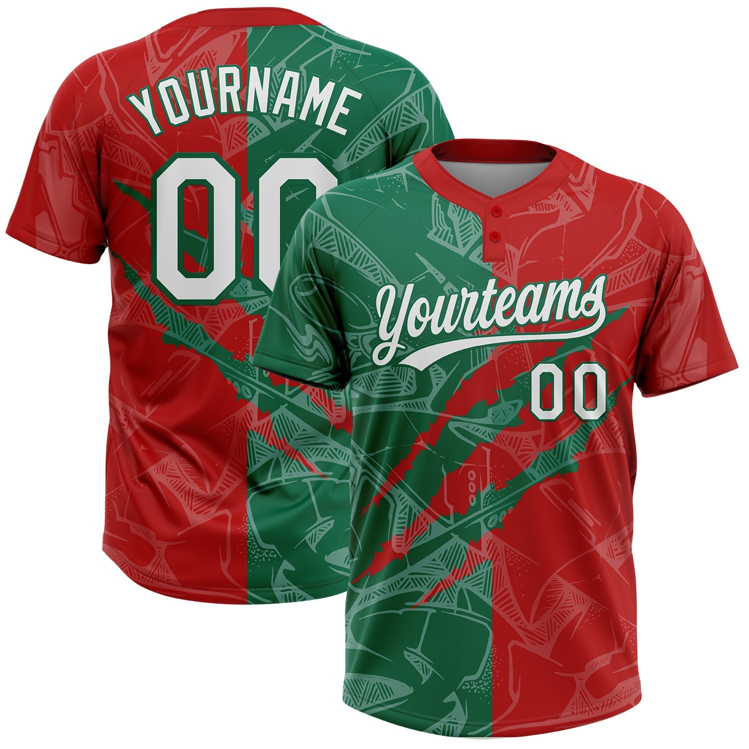 Custom Graffiti Pattern White Red-Kelly Green 3D Scratch Two-Button Unisex Softball Jersey - Main View