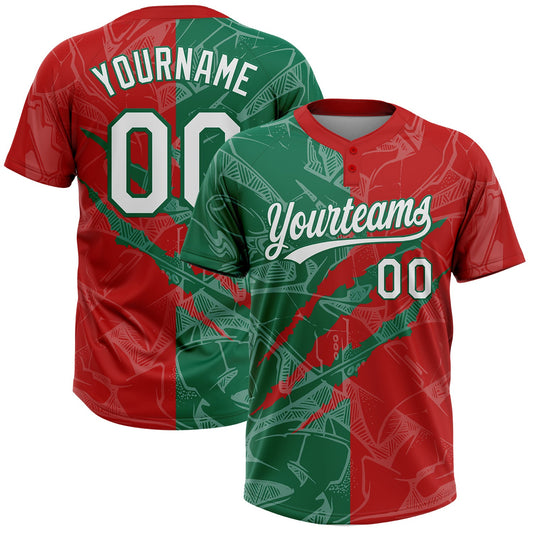 Custom Graffiti Pattern White Red-Kelly Green 3D Scratch Two-Button Unisex Softball Jersey - Main View