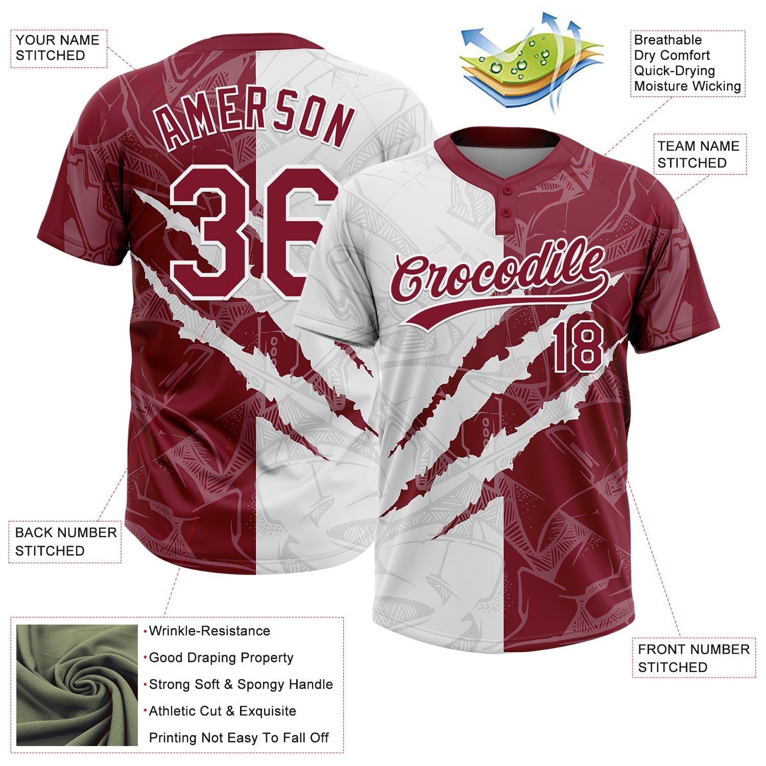 Custom Graffiti Pattern Crimson-White 3D Scratch Two-Button Unisex Softball Jersey view 3