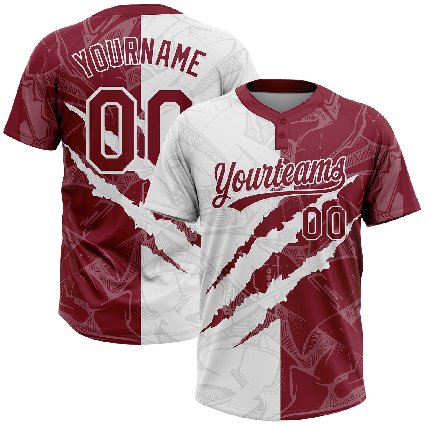 Custom Graffiti Pattern Crimson-White 3D Scratch Two-Button Unisex Softball Jersey - Main View