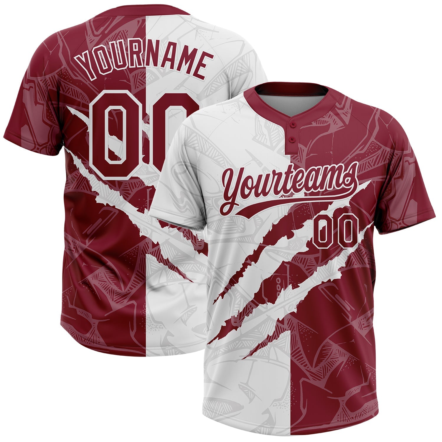 Custom Graffiti Pattern Crimson-White 3D Scratch Two-Button Unisex Softball Jersey - Main View