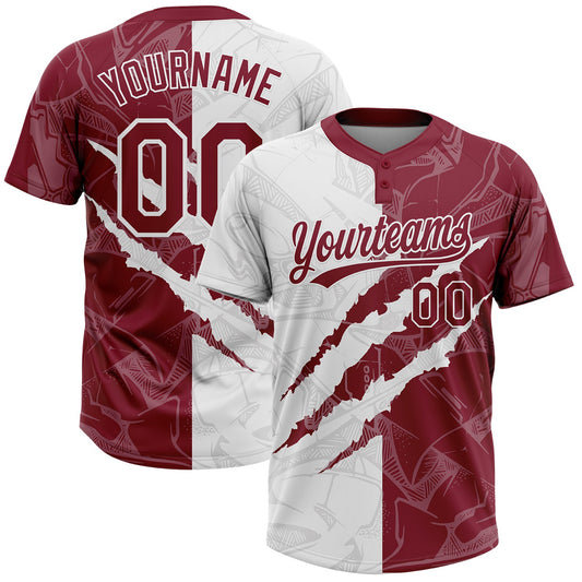 Custom Graffiti Pattern Crimson-White 3D Scratch Two-Button Unisex Softball Jersey - Main View