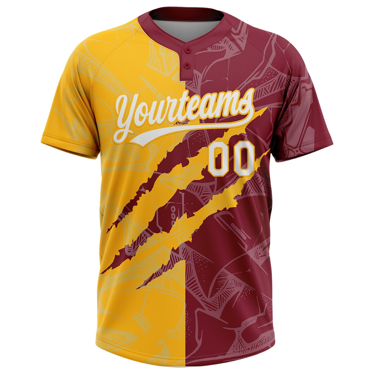 Custom Graffiti Pattern White Crimson-Gold 3D Scratch Two-Button Unisex Softball Jersey view 2