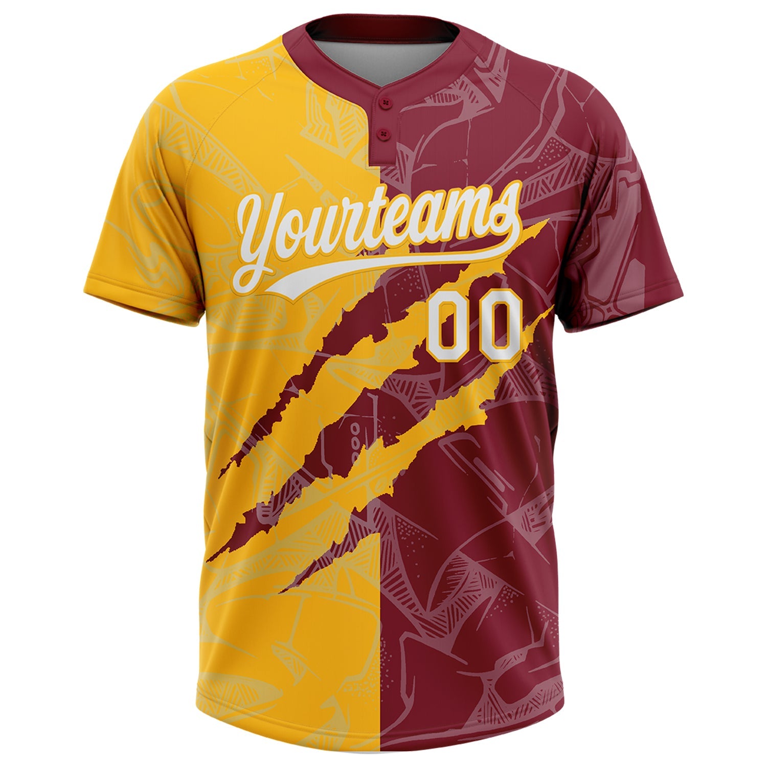 Custom Graffiti Pattern White Crimson-Gold 3D Scratch Two-Button Unisex Softball Jersey view 2