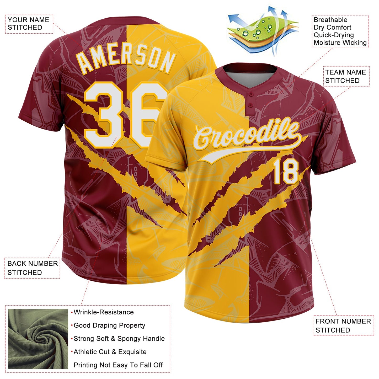 Custom Graffiti Pattern White Crimson-Gold 3D Scratch Two-Button Unisex Softball Jersey view 3