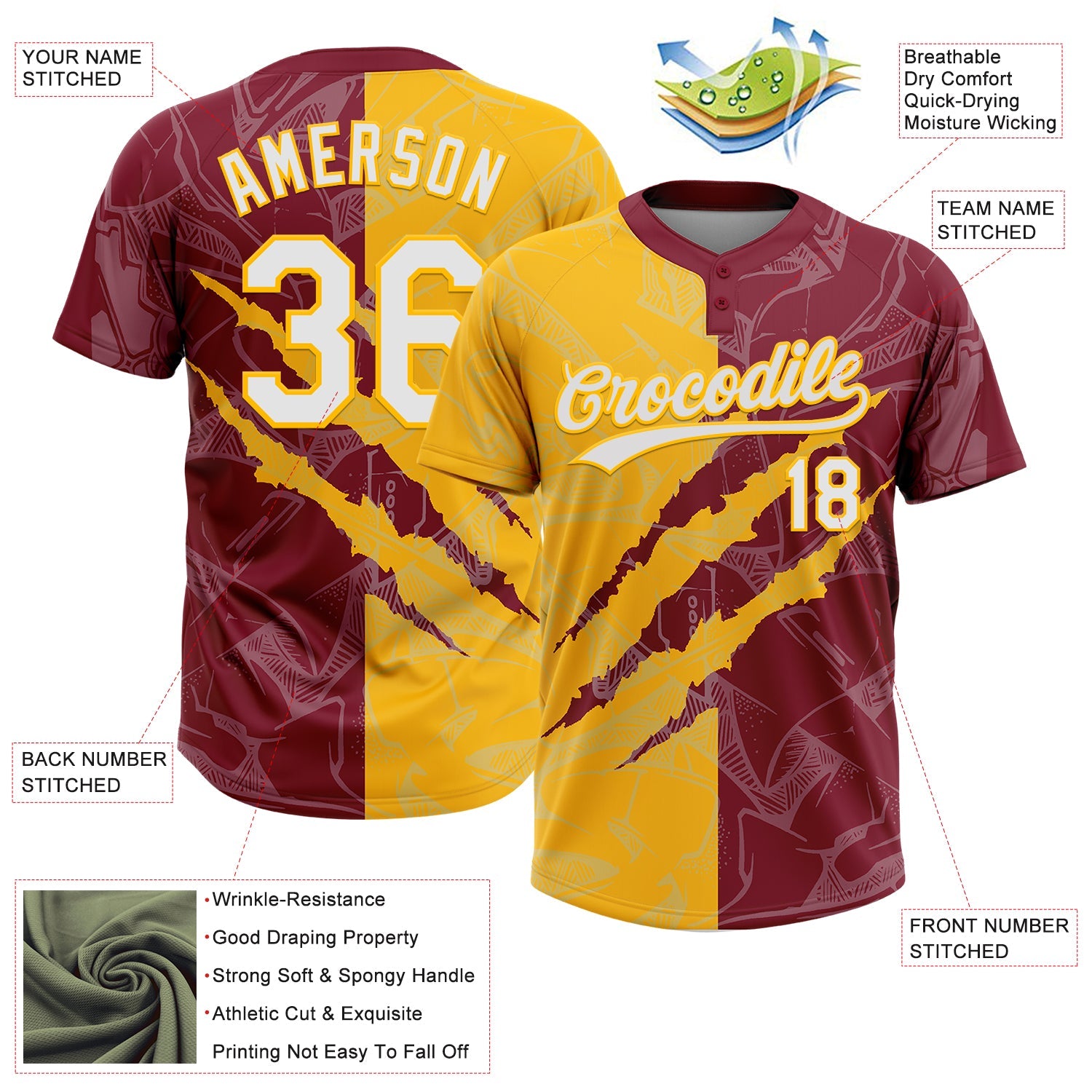 Custom Graffiti Pattern White Crimson-Gold 3D Scratch Two-Button Unisex Softball Jersey view 3