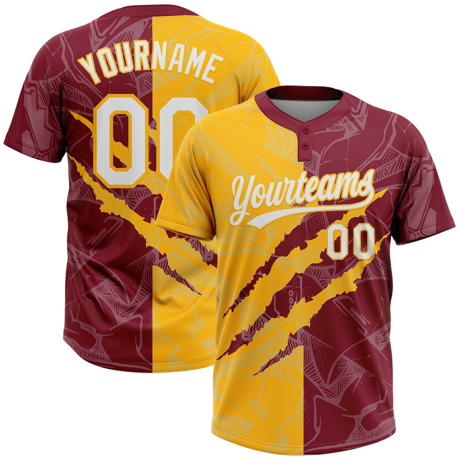 Custom Graffiti Pattern White Crimson-Gold 3D Scratch Two-Button Unisex Softball Jersey - Main View