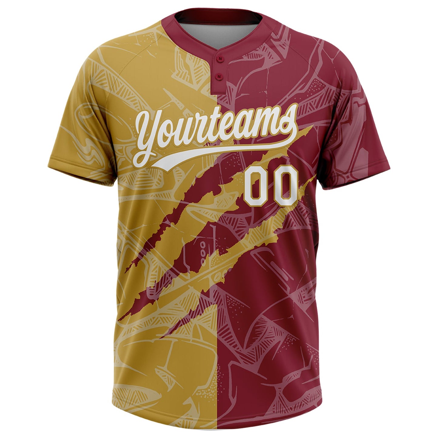Custom Graffiti Pattern White Crimson-Old Gold 3D Scratch Two-Button Unisex Softball Jersey view 2
