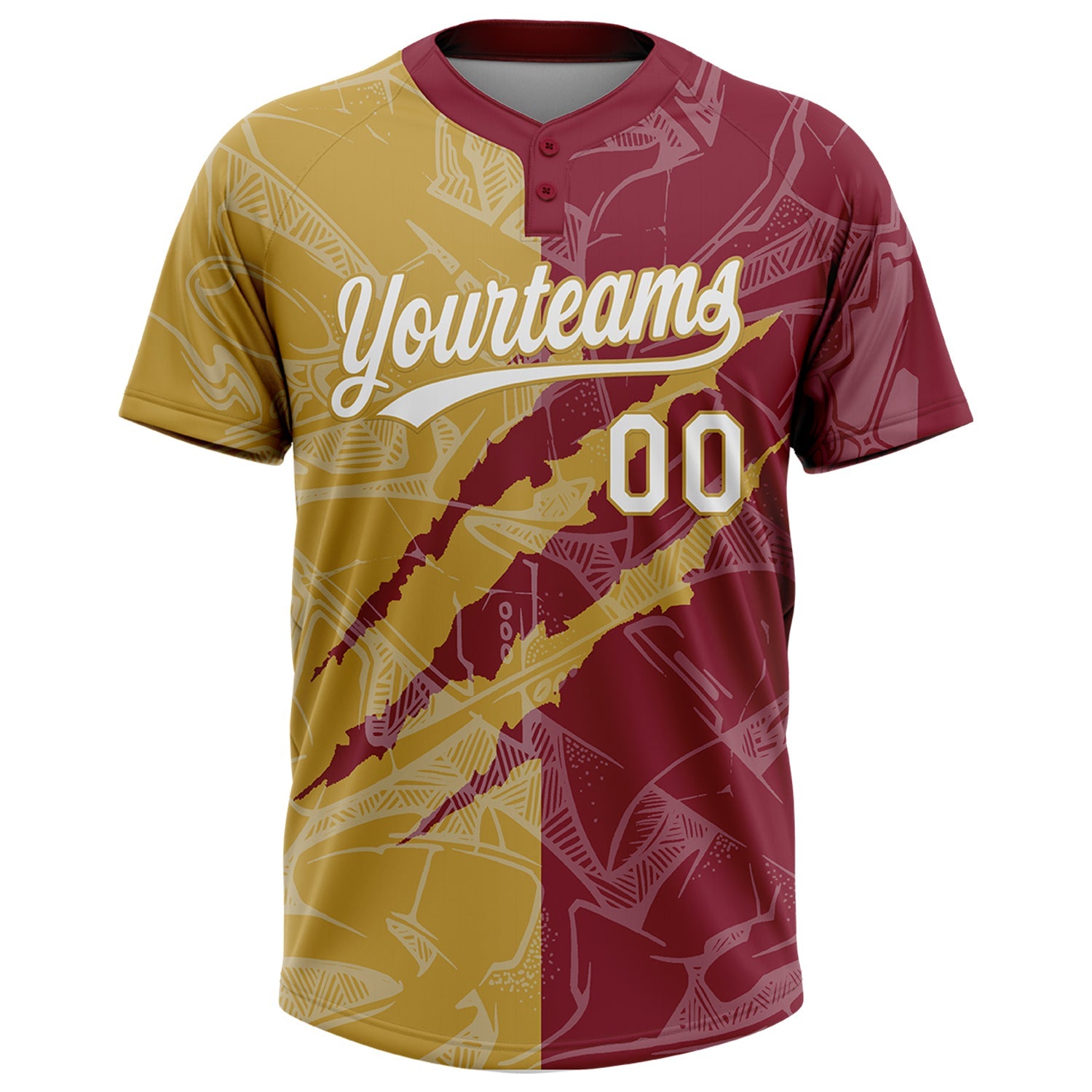 Custom Graffiti Pattern White Crimson-Old Gold 3D Scratch Two-Button Unisex Softball Jersey view 2