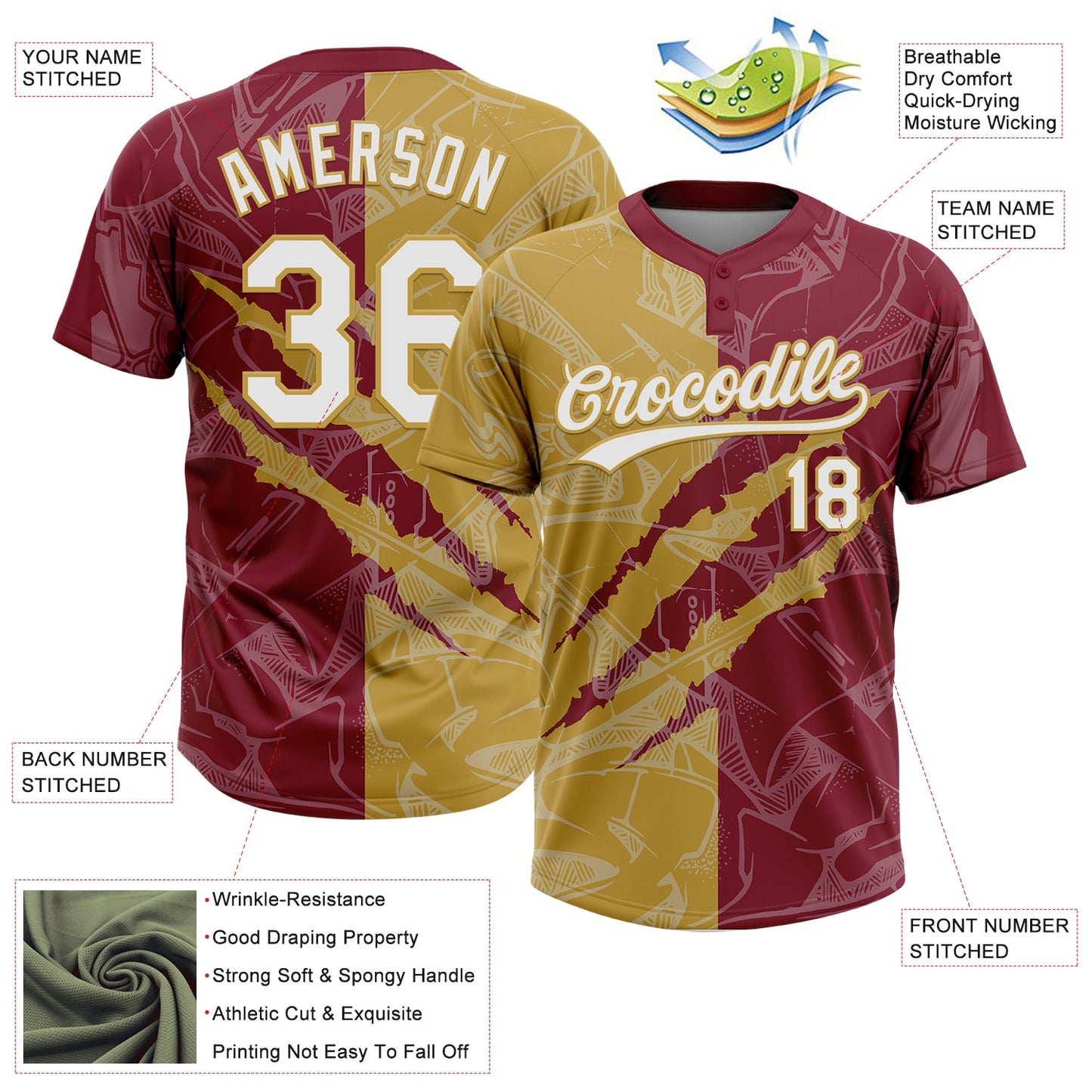 Custom Graffiti Pattern White Crimson-Old Gold 3D Scratch Two-Button Unisex Softball Jersey view 3