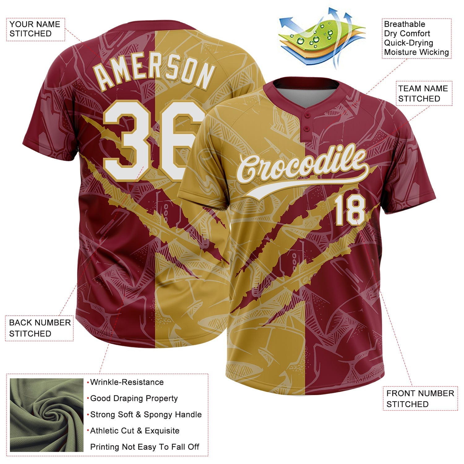 Custom Graffiti Pattern White Crimson-Old Gold 3D Scratch Two-Button Unisex Softball Jersey view 3