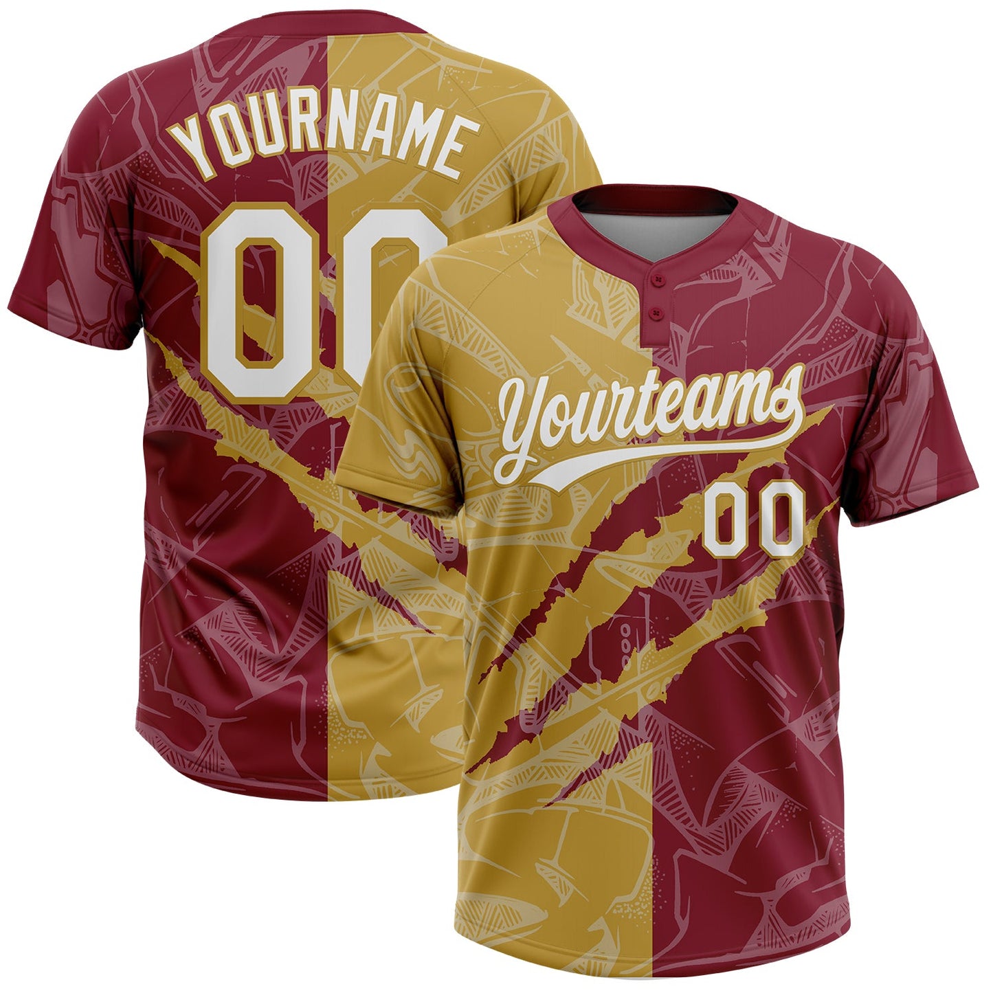 Custom Graffiti Pattern White Crimson-Old Gold 3D Scratch Two-Button Unisex Softball Jersey - Main View