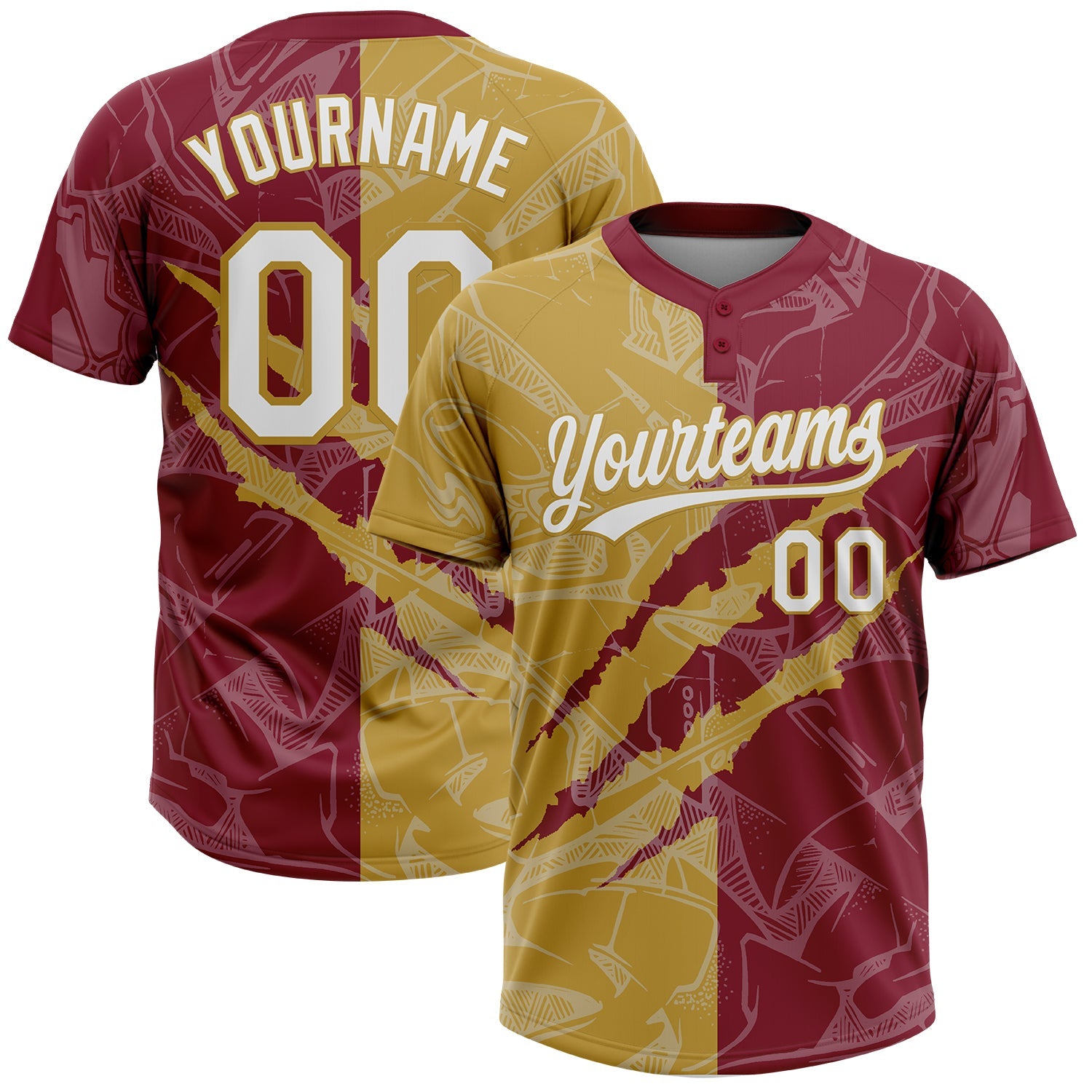 Custom Graffiti Pattern White Crimson-Old Gold 3D Scratch Two-Button Unisex Softball Jersey - Main View