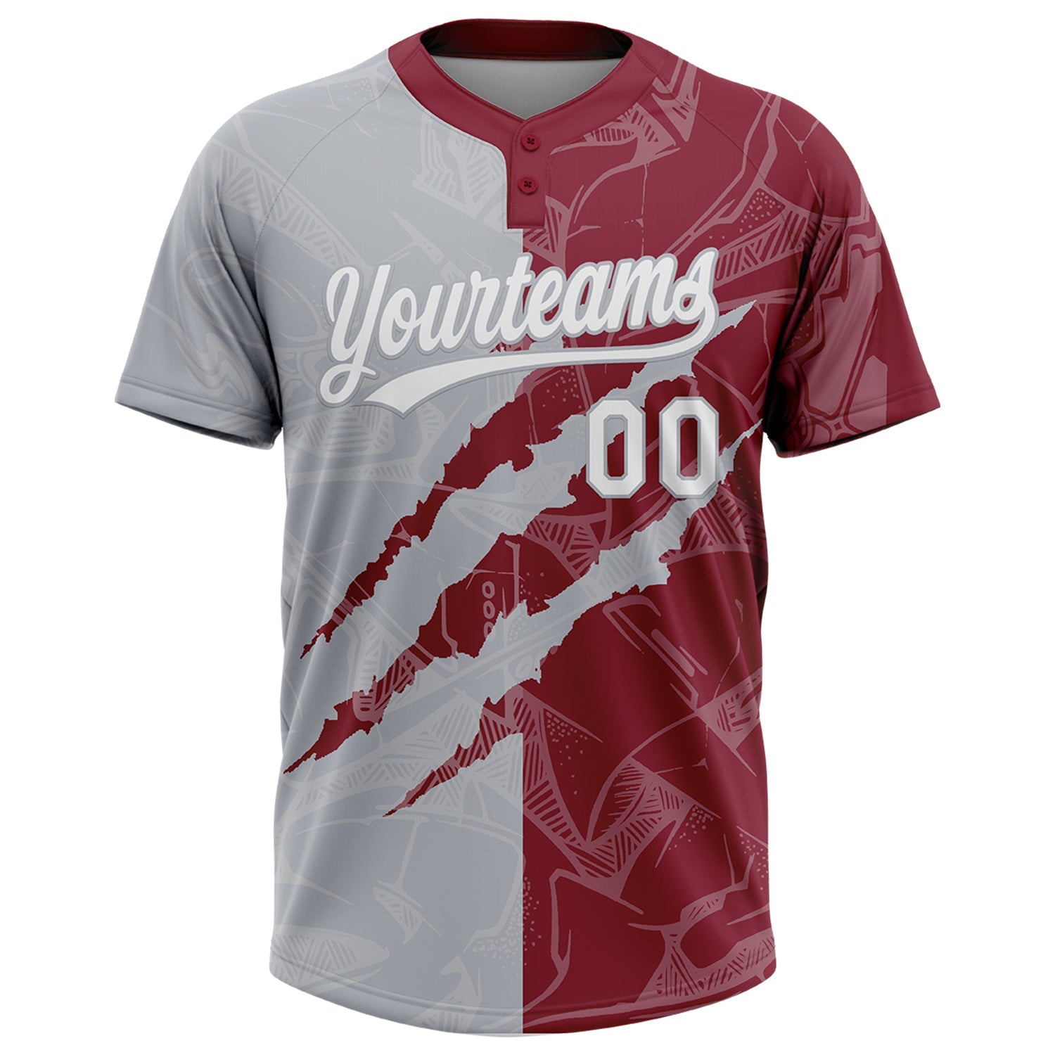 Custom Graffiti Pattern White Crimson-Gray 3D Scratch Two-Button Unisex Softball Jersey view 2