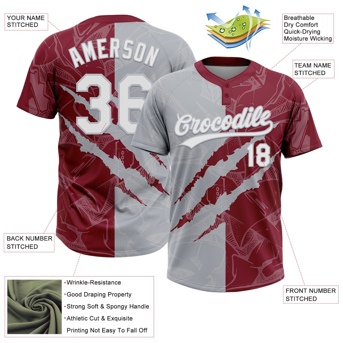 Custom Graffiti Pattern White Crimson-Gray 3D Scratch Two-Button Unisex Softball Jersey view 3