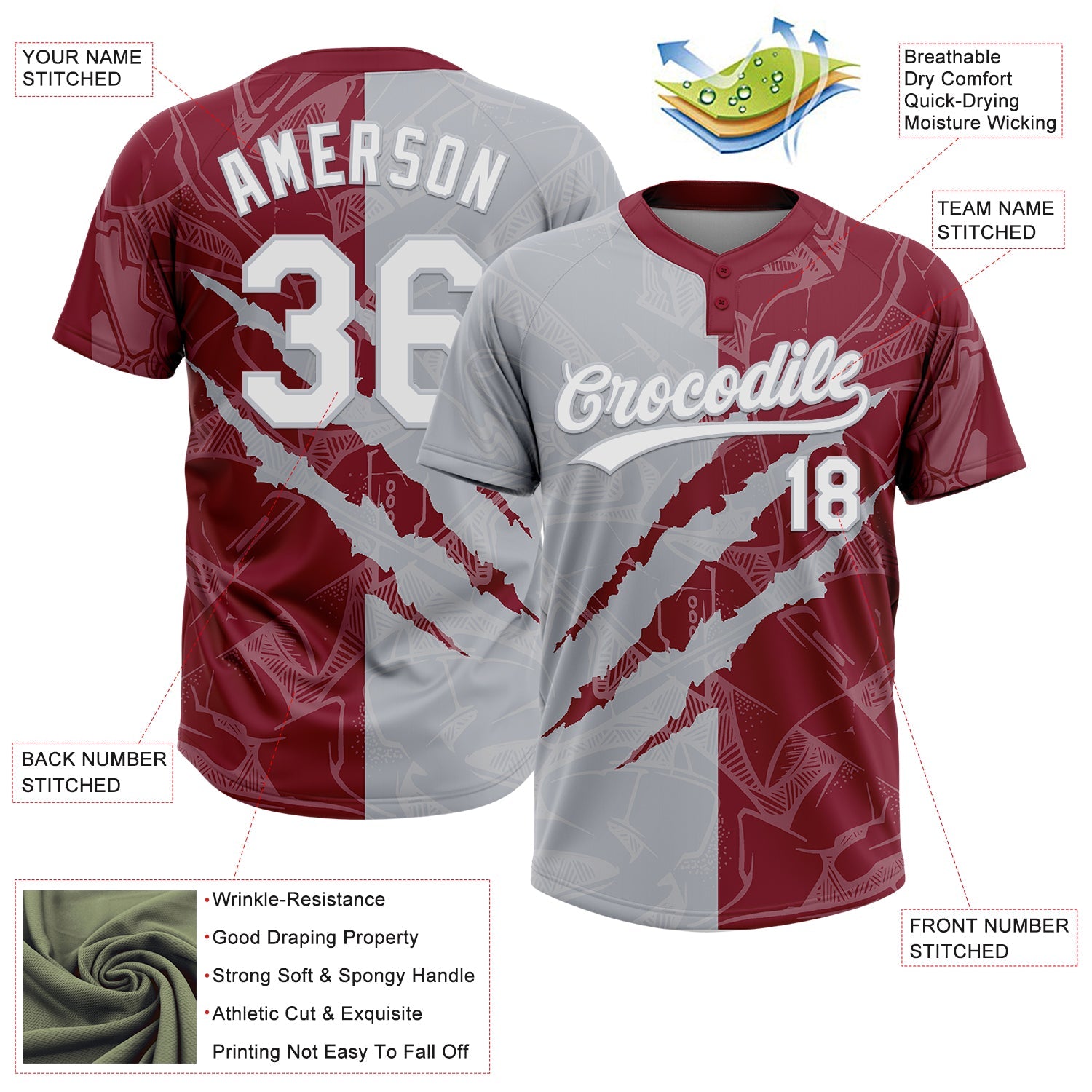 Custom Graffiti Pattern White Crimson-Gray 3D Scratch Two-Button Unisex Softball Jersey view 3