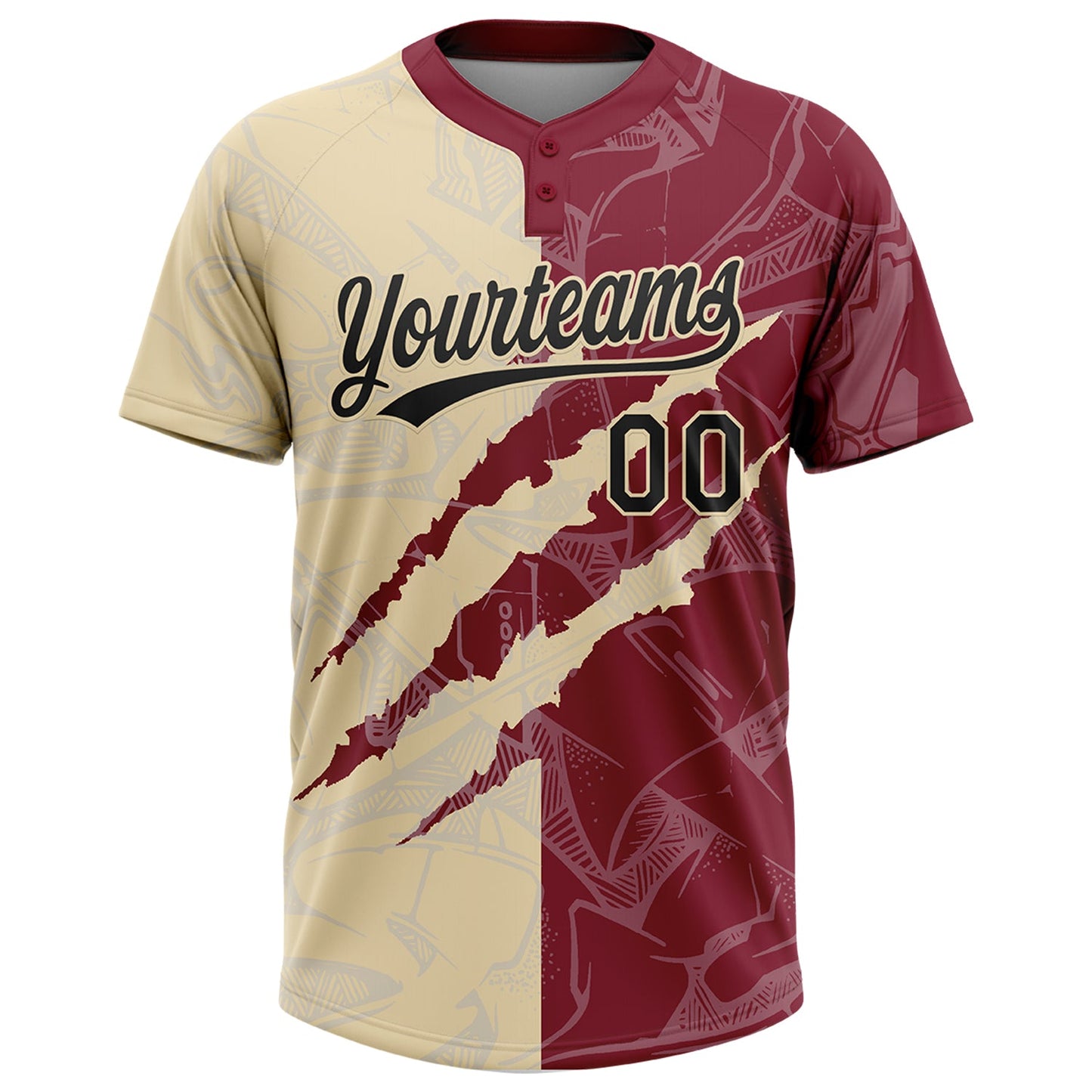 Custom Graffiti Pattern Black Crimson-Cream 3D Scratch Two-Button Unisex Softball Jersey view 2