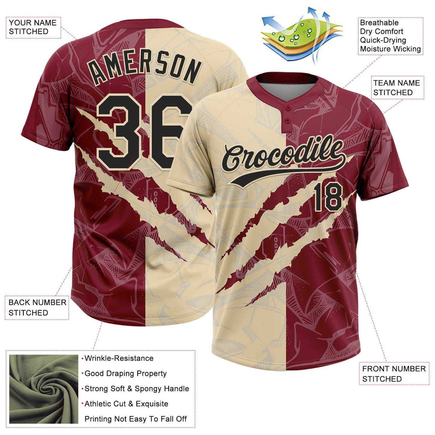 Custom Graffiti Pattern Black Crimson-Cream 3D Scratch Two-Button Unisex Softball Jersey view 3