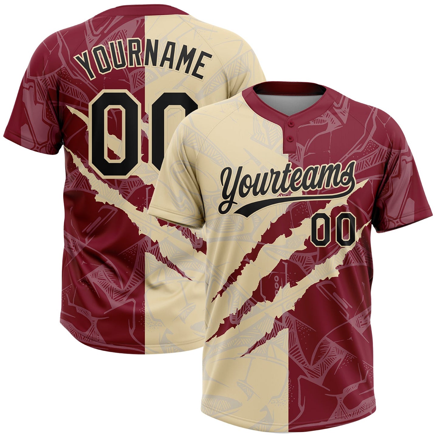 Custom Graffiti Pattern Black Crimson-Cream 3D Scratch Two-Button Unisex Softball Jersey - Main View