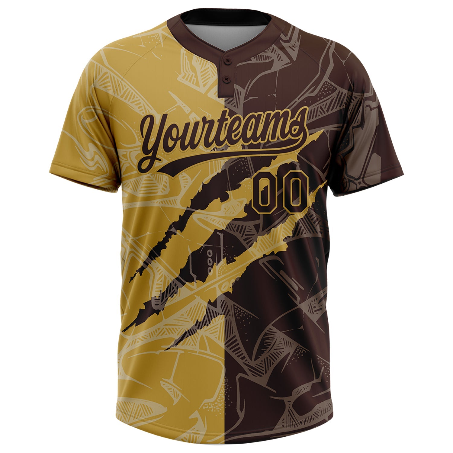 Custom Graffiti Pattern Brown-Old Gold 3D Scratch Two-Button Unisex Softball Jersey view 2