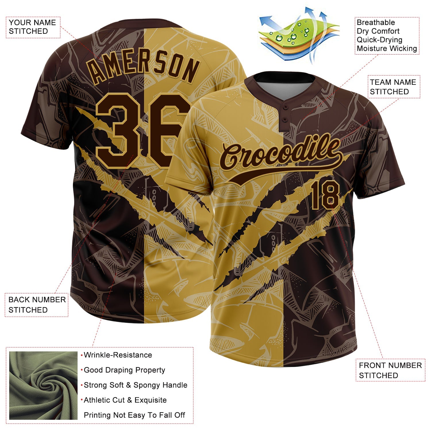 Custom Graffiti Pattern Brown-Old Gold 3D Scratch Two-Button Unisex Softball Jersey view 3