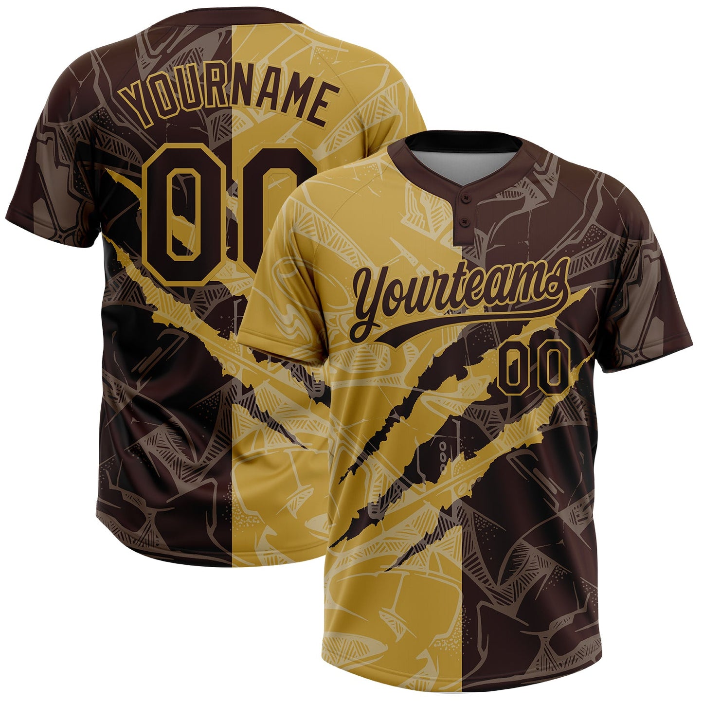 Custom Graffiti Pattern Brown-Old Gold 3D Scratch Two-Button Unisex Softball Jersey - Main View
