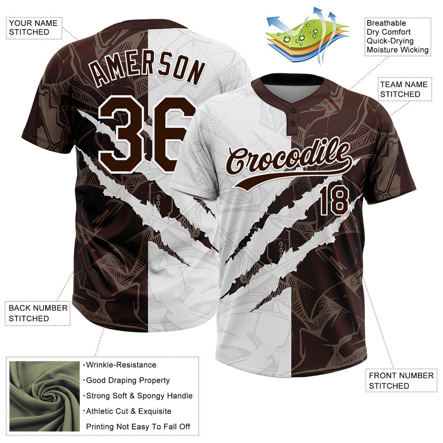 Custom Graffiti Pattern Brown-White 3D Scratch Two-Button Unisex Softball Jersey view 3