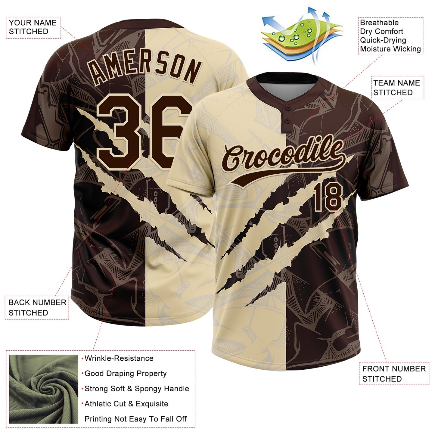 Custom Graffiti Pattern Brown-Cream 3D Scratch Two-Button Unisex Softball Jersey view 3