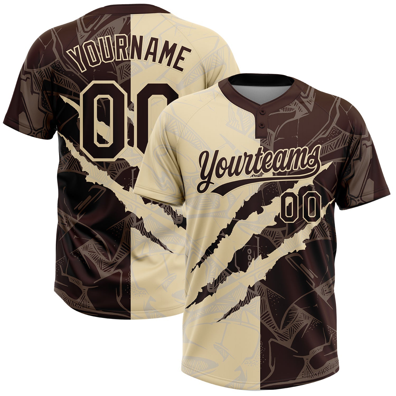 Custom Graffiti Pattern Brown-Cream 3D Scratch Two-Button Unisex Softball Jersey - Main View