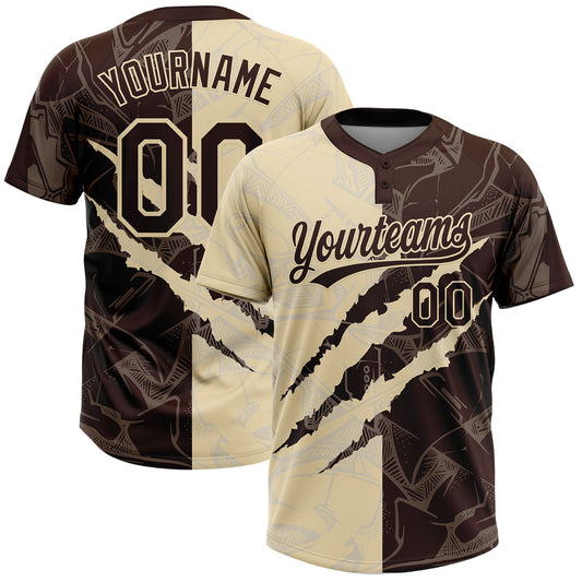 Custom Graffiti Pattern Brown-Cream 3D Scratch Two-Button Unisex Softball Jersey - Main View