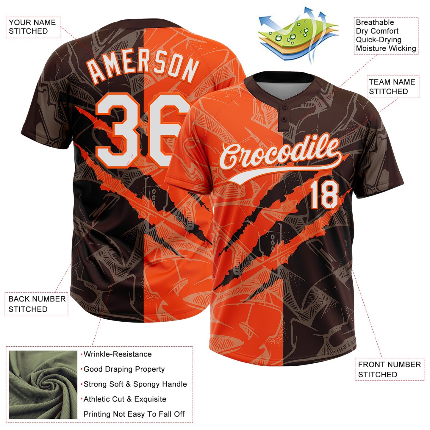 Custom Graffiti Pattern White Brown-Orange 3D Scratch Two-Button Unisex Softball Jersey view 3