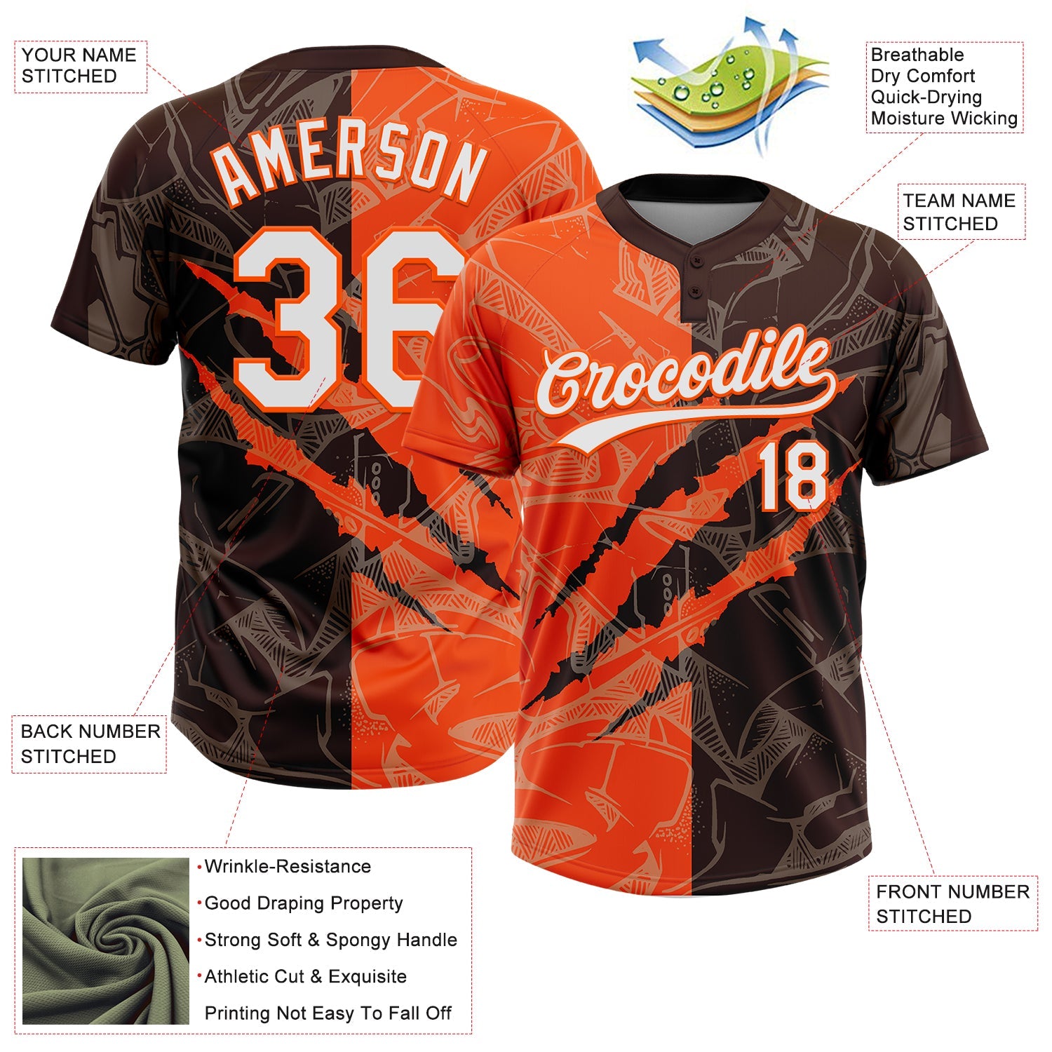 Custom Graffiti Pattern White Brown-Orange 3D Scratch Two-Button Unisex Softball Jersey view 3