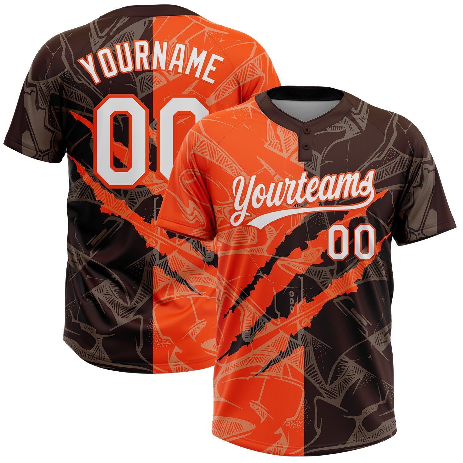 Custom Graffiti Pattern White Brown-Orange 3D Scratch Two-Button Unisex Softball Jersey - Main View