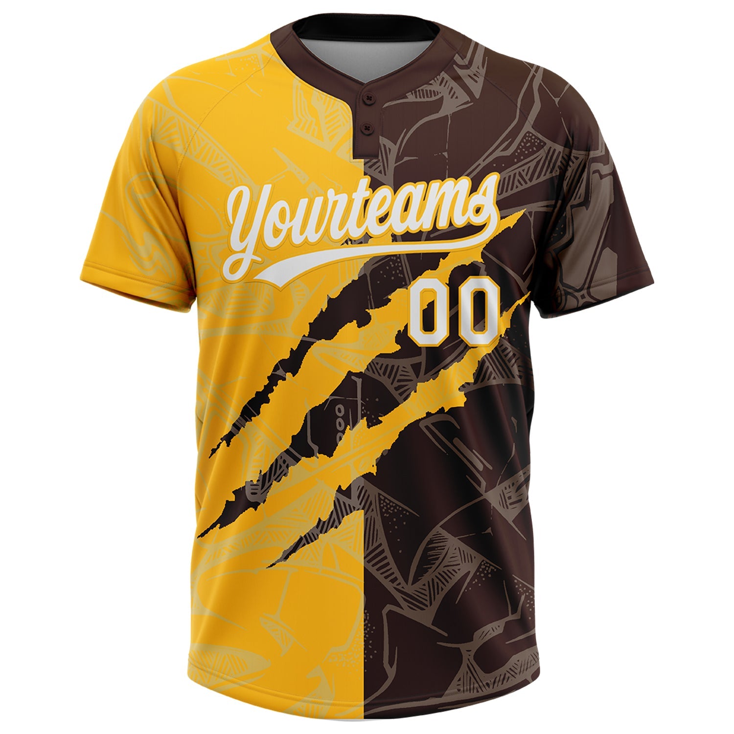 Custom Graffiti Pattern White Brown-Gold 3D Scratch Two-Button Unisex Softball Jersey view 2