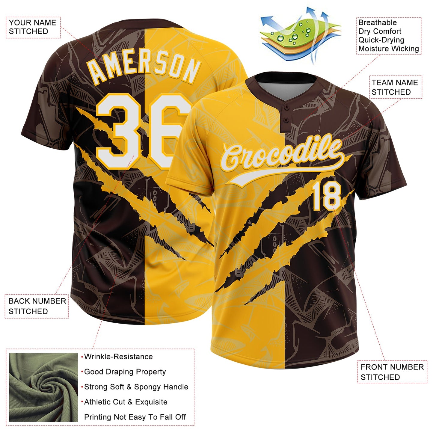Custom Graffiti Pattern White Brown-Gold 3D Scratch Two-Button Unisex Softball Jersey view 3