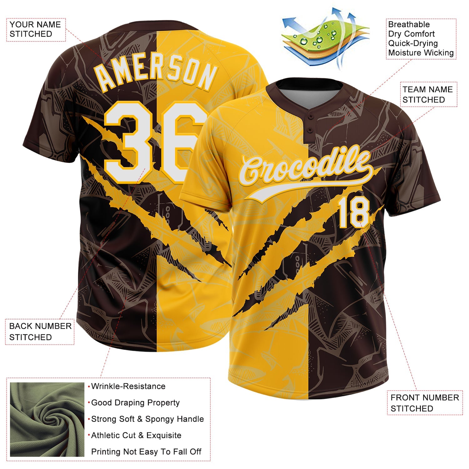 Custom Graffiti Pattern White Brown-Gold 3D Scratch Two-Button Unisex Softball Jersey view 3