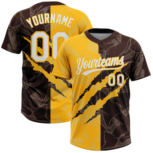 Custom Graffiti Pattern White Brown-Gold 3D Scratch Two-Button Unisex Softball Jersey - Main View