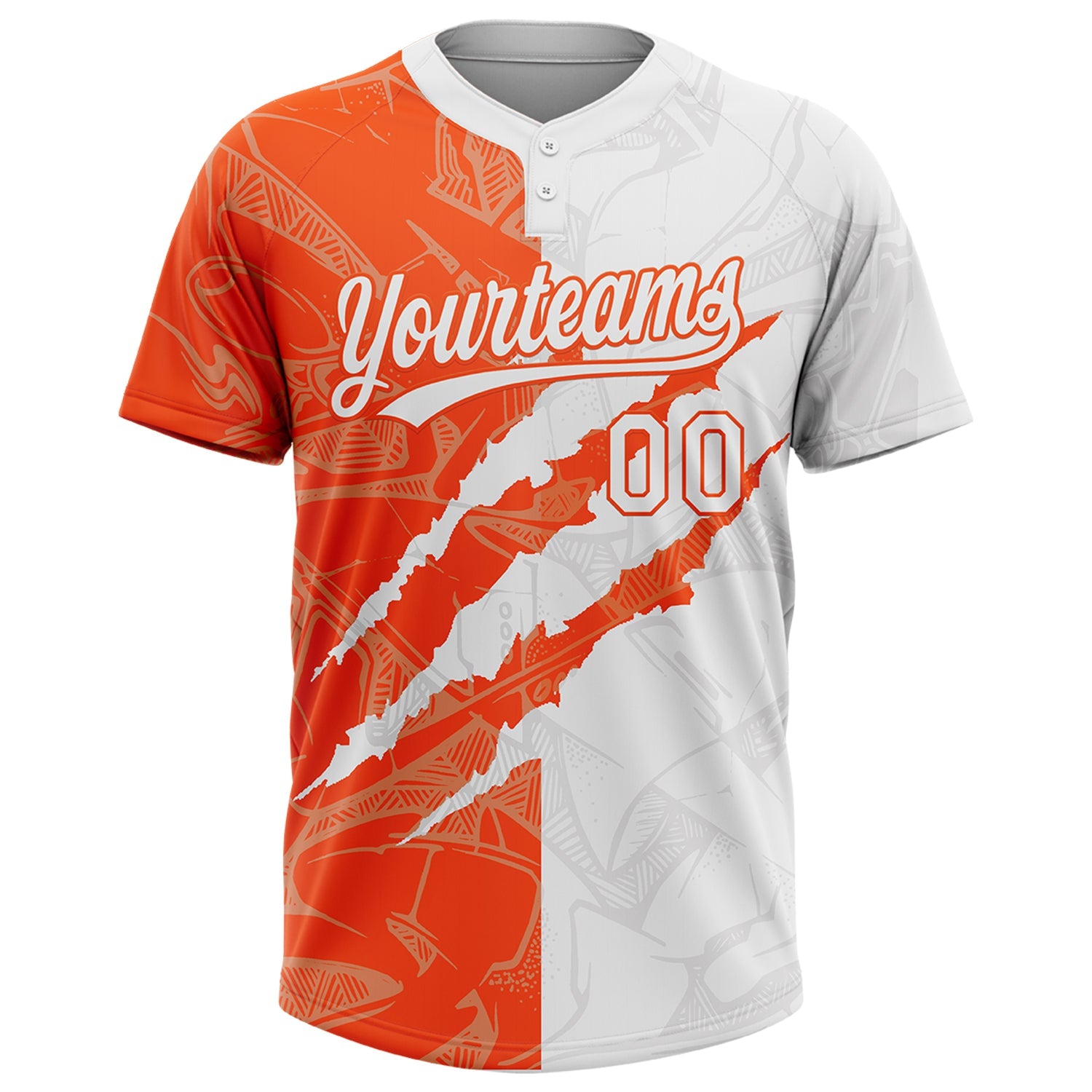 Custom Graffiti Pattern White-Orange 3D Scratch Two-Button Unisex Softball Jersey view 2