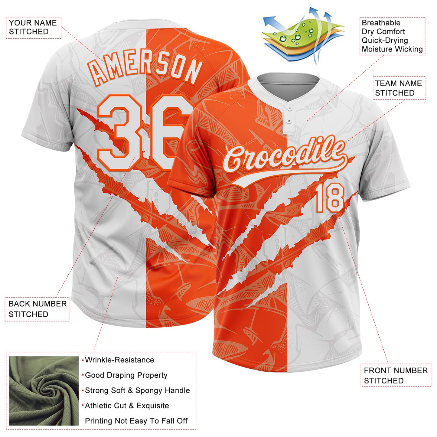 Custom Graffiti Pattern White-Orange 3D Scratch Two-Button Unisex Softball Jersey view 3