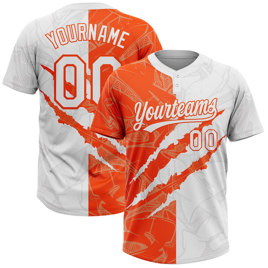 Custom Graffiti Pattern White-Orange 3D Scratch Two-Button Unisex Softball Jersey - Main View