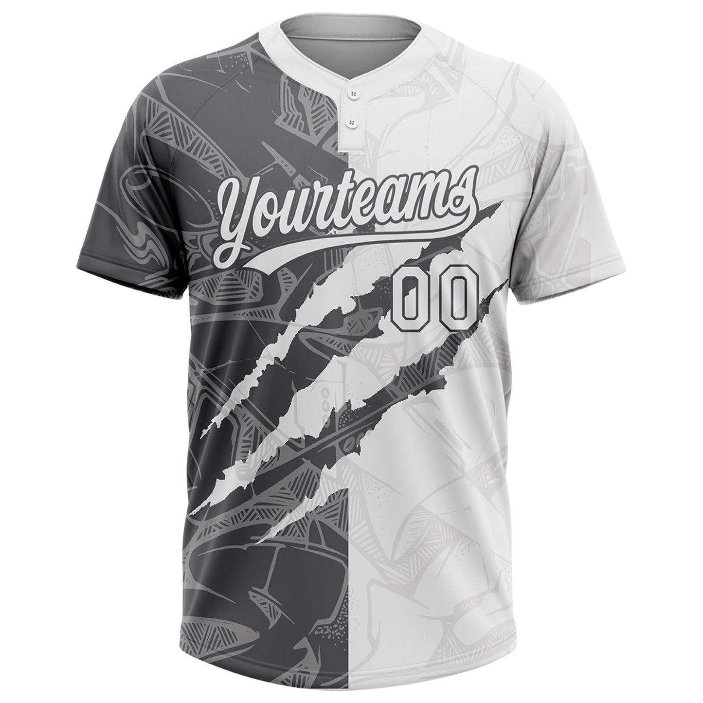 Custom Graffiti Pattern White-Steel Gray 3D Scratch Two-Button Unisex Softball Jersey view 2