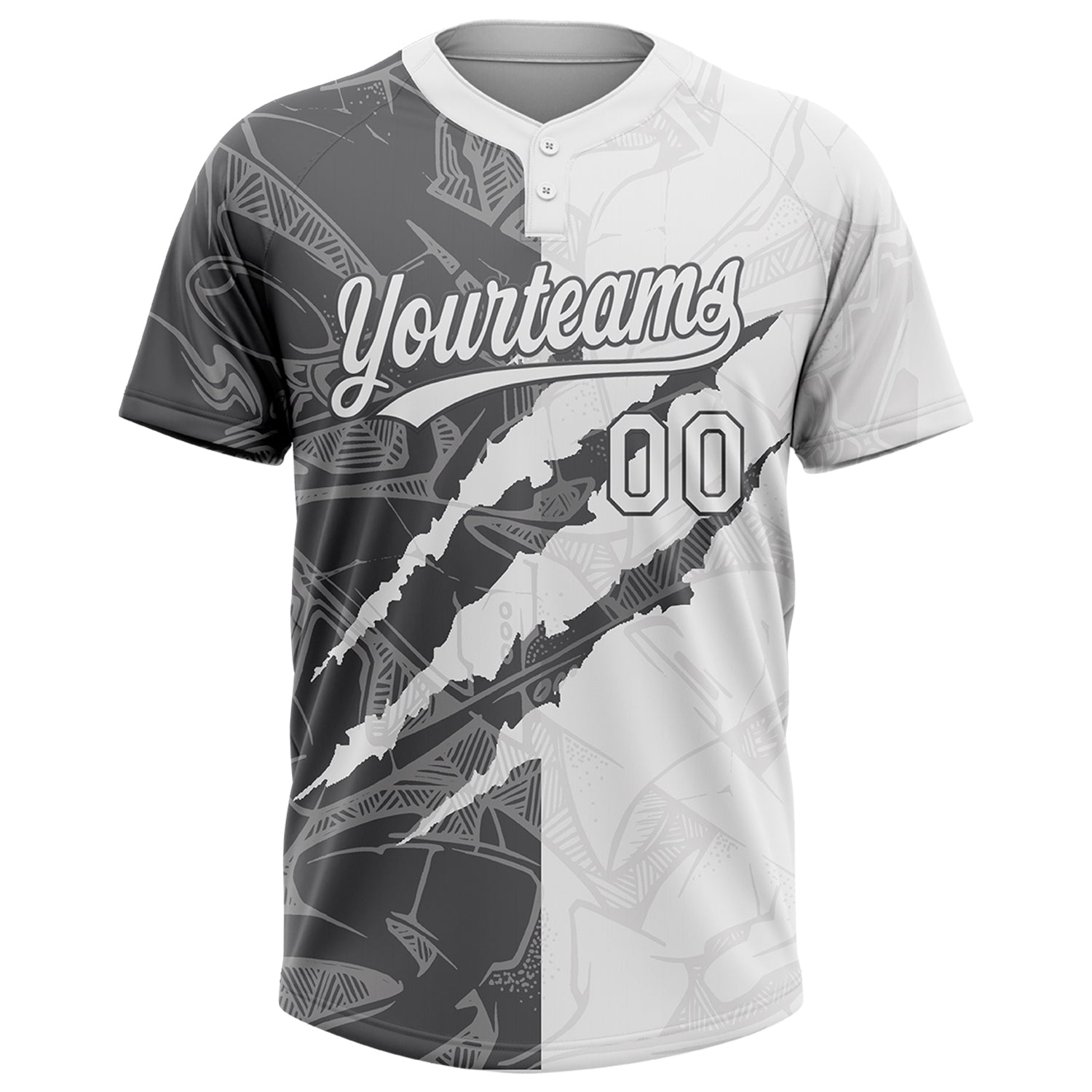 Custom Graffiti Pattern White-Steel Gray 3D Scratch Two-Button Unisex Softball Jersey view 2