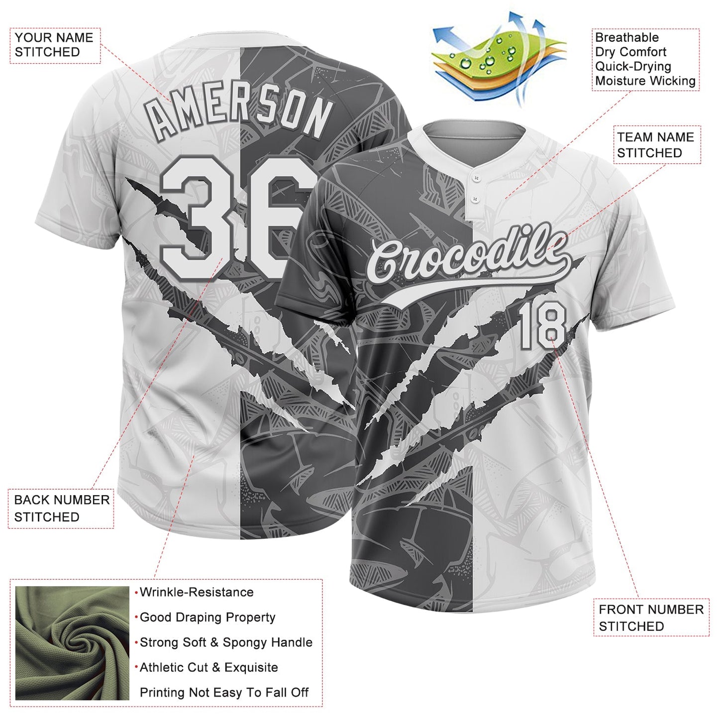 Custom Graffiti Pattern White-Steel Gray 3D Scratch Two-Button Unisex Softball Jersey view 3