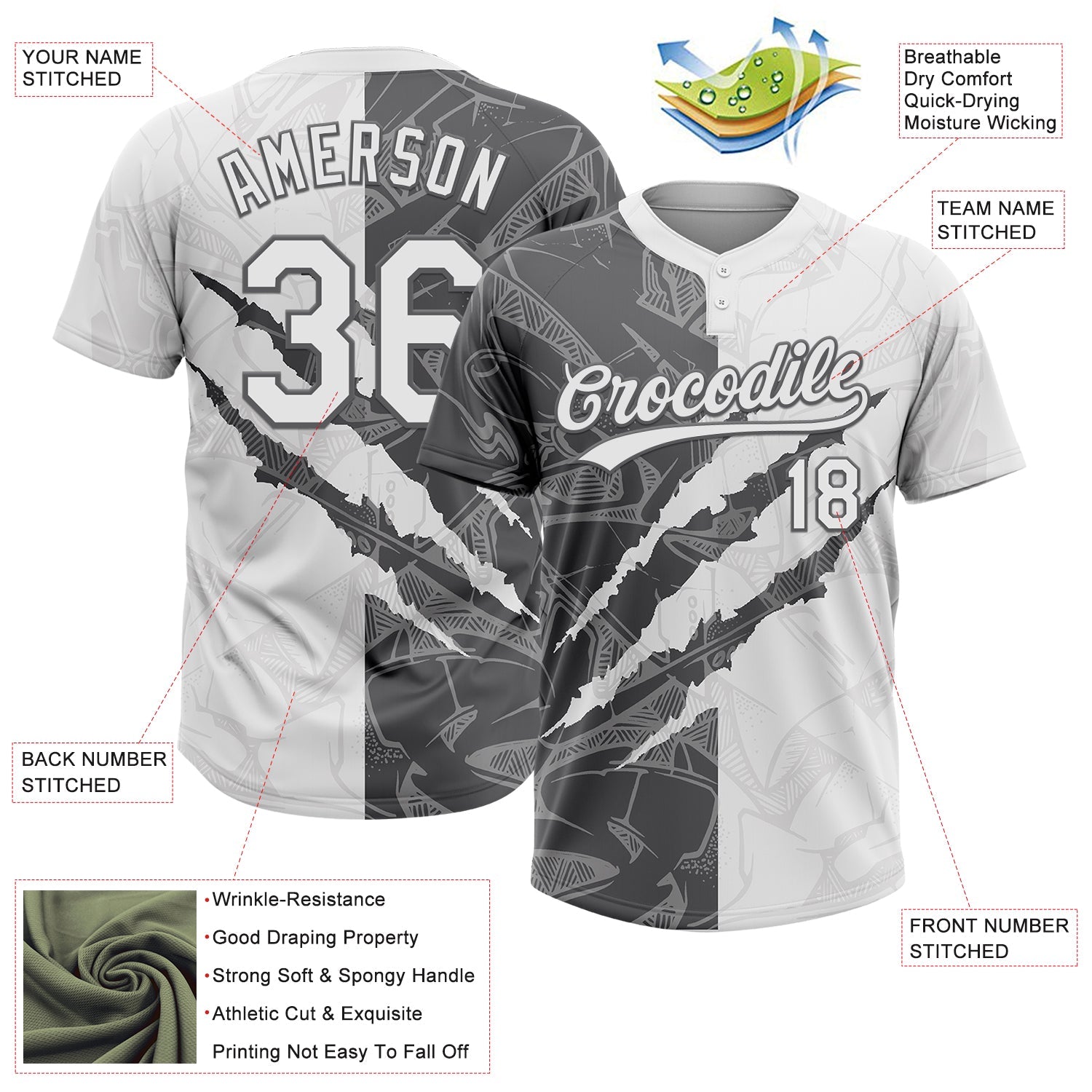 Custom Graffiti Pattern White-Steel Gray 3D Scratch Two-Button Unisex Softball Jersey view 3