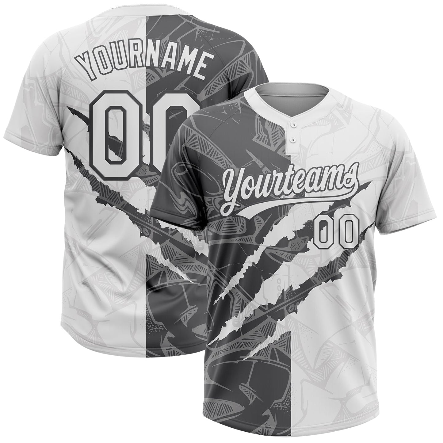 Custom Graffiti Pattern White-Steel Gray 3D Scratch Two-Button Unisex Softball Jersey - Main View