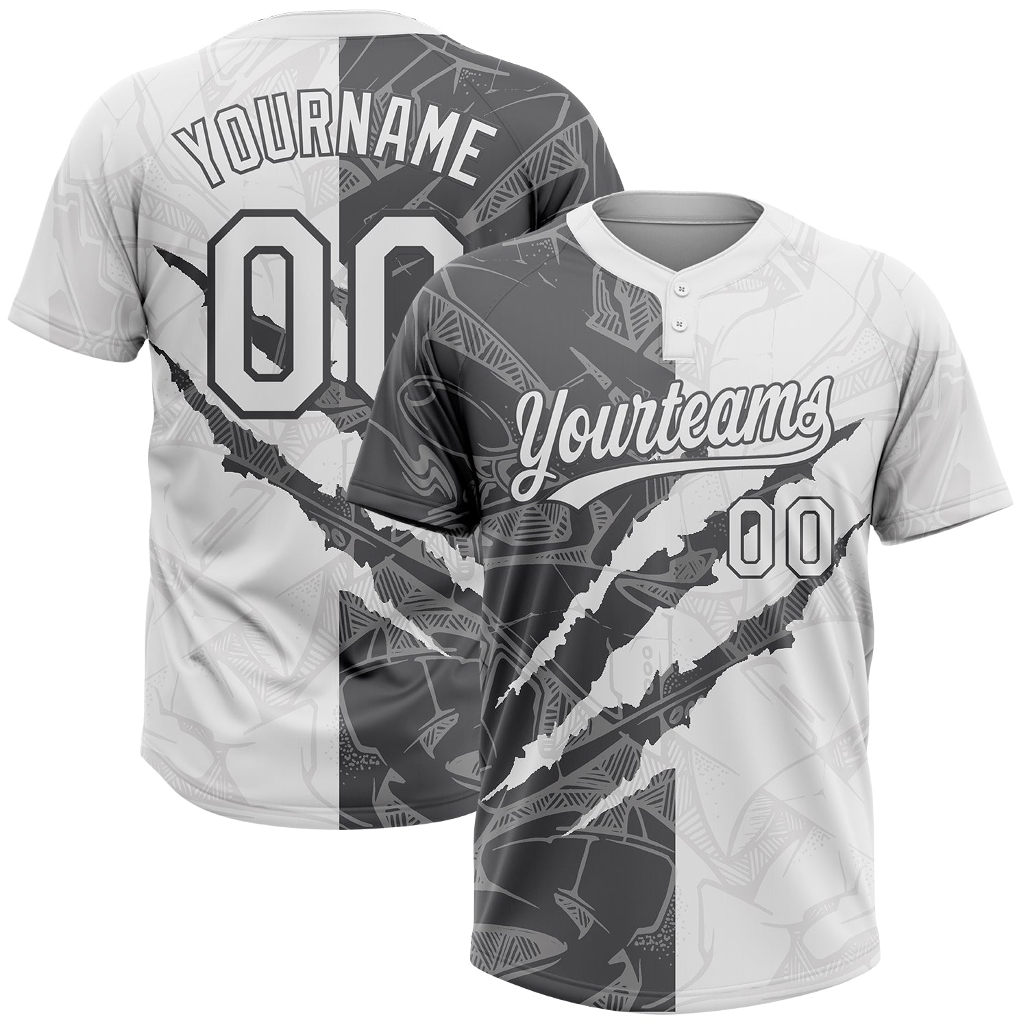 Custom Graffiti Pattern White-Steel Gray 3D Scratch Two-Button Unisex Softball Jersey - Main View
