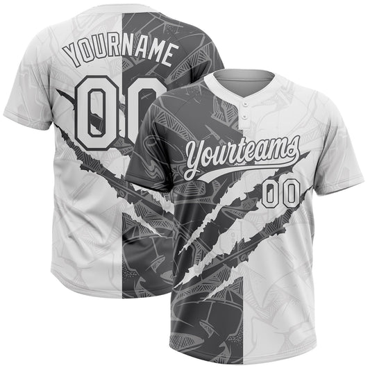 Custom Graffiti Pattern White-Steel Gray 3D Scratch Two-Button Unisex Softball Jersey - Main View