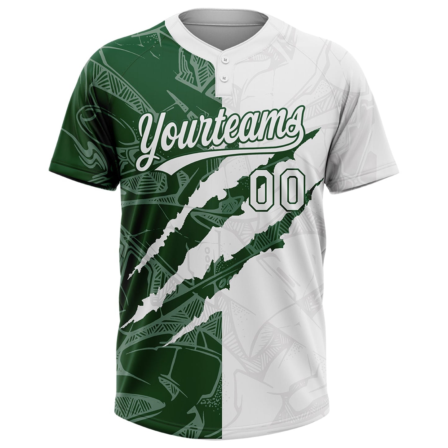 Custom Graffiti Pattern White-Green 3D Scratch Two-Button Unisex Softball Jersey view 2