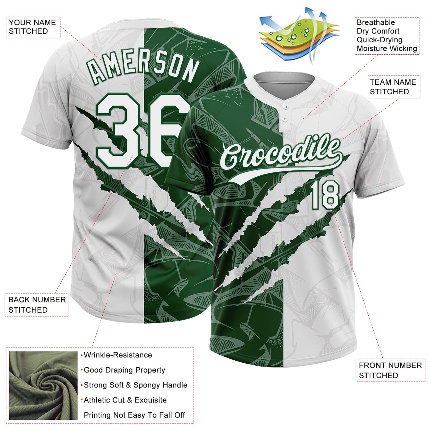 Custom Graffiti Pattern White-Green 3D Scratch Two-Button Unisex Softball Jersey view 3