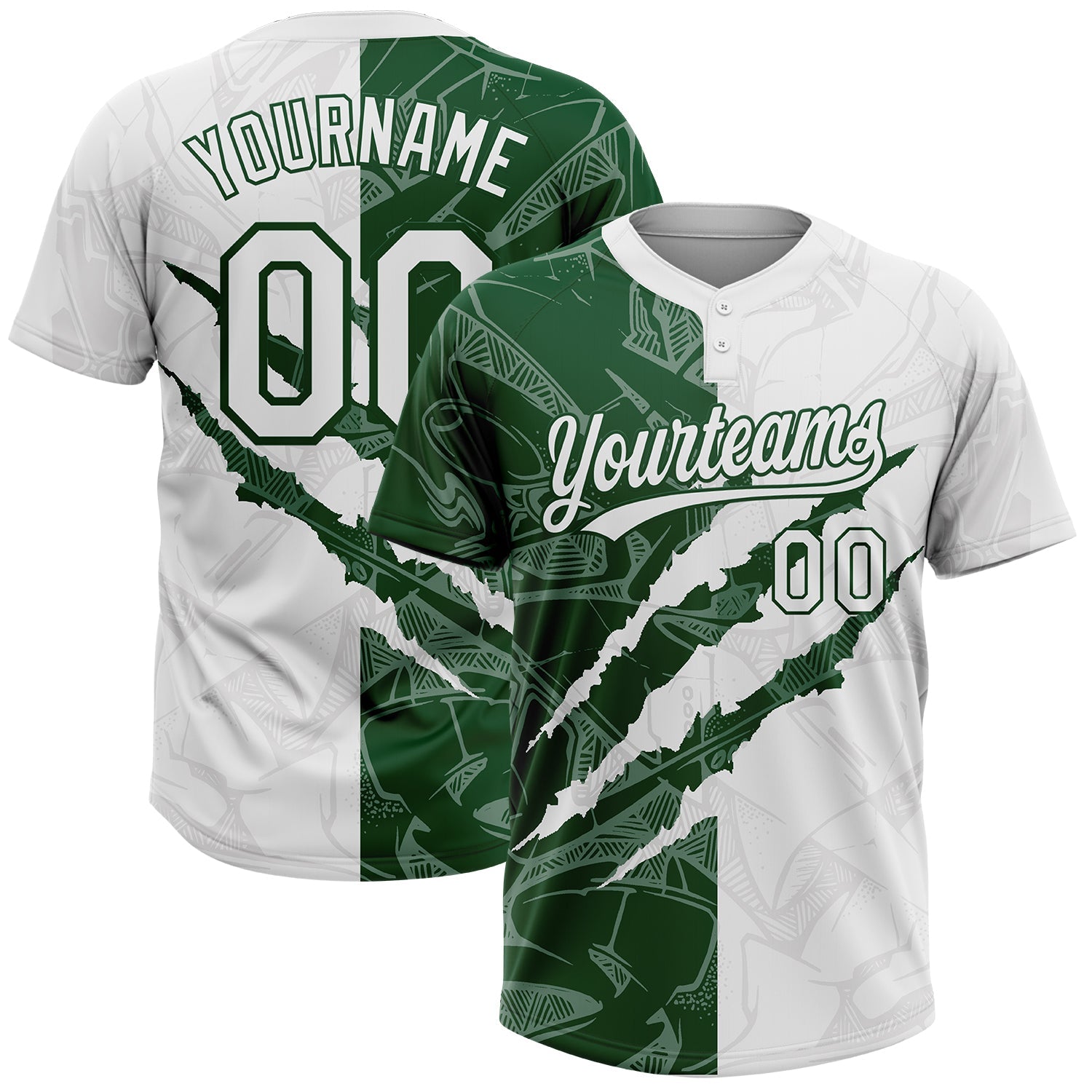 Custom Graffiti Pattern White-Green 3D Scratch Two-Button Unisex Softball Jersey - Main View